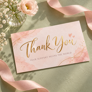 Biglietto di ringraziamento in lamina d'oro con inserto per pacchetto, biglietto di ringraziamento rosa tenue con texture acquerello, biglietto personalizzato per apprezzamento ordini aziendali - Product Image 6