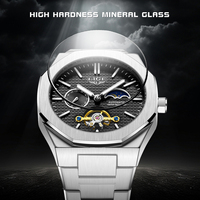 Montre automatique LIGE LG6823 42 mm pour homme, tourbillon, phase du jour, aiguilles lumineuses, 3 sous-cadrans, montre octogonale