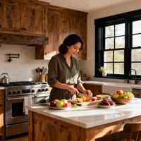 Armoires de cuisine Shaker en chêne massif, armoires sur mesure style farmhouse avec îlot en marbre et vitrine pour la rénovation de la maison