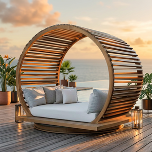 Cama de Exterior Redonda Moderna con Toldo de Madera, Diseño Contemporáneo, Duradera, Resistente a la Corrosión, Color y Tamaño Personalizables, Muebles de Patio - Product Image 3