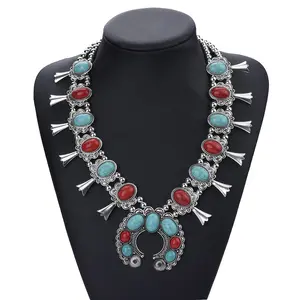 Western Turquoise Howlite Squash Blossom Metal Necklace Women's Statement Jewelry