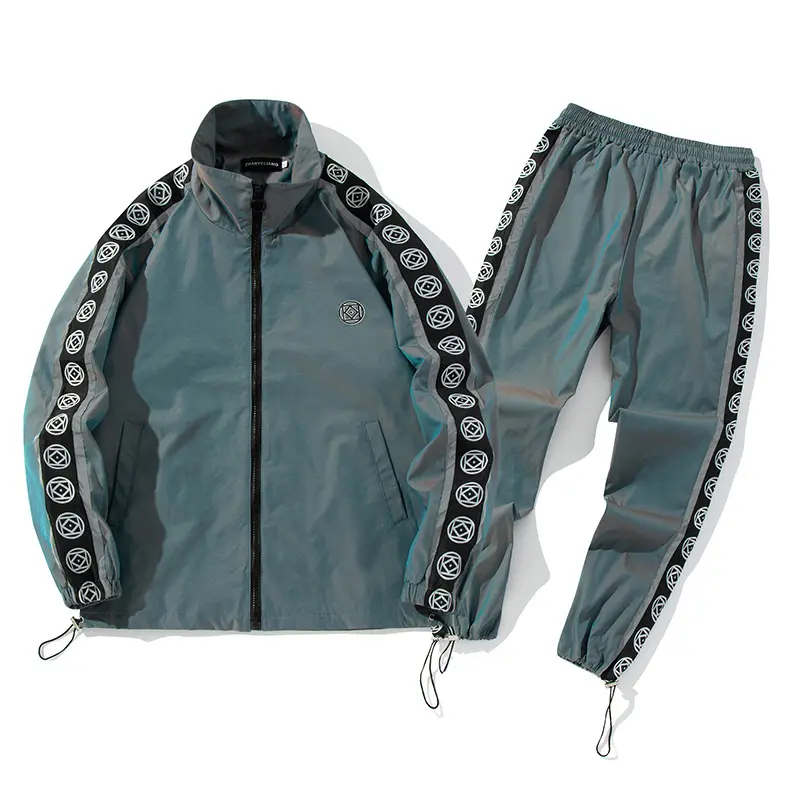 Fashion two pieces men nylon reflective set tracksuit in street style