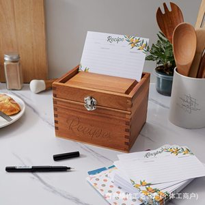 Wooden Recipe <b>Box</b> With Lock Solid Wood Flip Top Organizer For <b>Kitchen</b> <b>Storage</b> Rectangle Retro Color Covered - Product Image 1