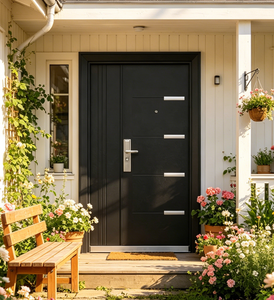 Porte d'entrée moderne en acier fini, porte de sécurité antivol avec bandes décoratives minimalistes pour usage résidentiel et commercial - Product Image 2