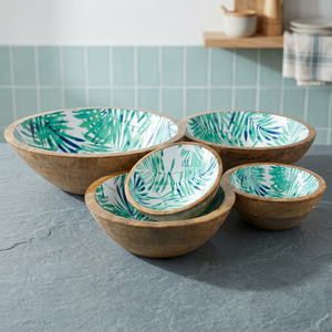 Ensemble de bols en bois émaillé faits à la main, design feuille tropicale, ensemble de bols à salade, ensemble de bols à fruits en bois - Product Image 4