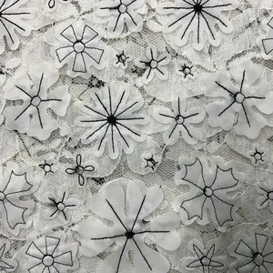 Poliéster trecho pesado malha personalizado handmade lace allover bordado 3D tecidos florais bordados