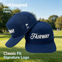 Gorra de golf azul marino vintage con visera plana, perforaciones cortadas a láser, logotipo bordado en 3D, cuerda y 5 paneles, ajustable con cierre a presión, para venta al por mayor