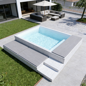 Piscina de fibra de vidrio blanca con tumbonas integradas en venta, pequeña piscina de hidromasaje de fibra de vidrio. - Product Image 2