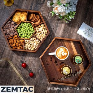 Juego de bandejas de madera Zemtac, bandeja hexagonal compartimentada de madera de acacia con tapa para la hora del té - Product Image 3