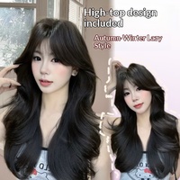 Perruque synthétique noire longue et bouclée avec frange rideau, style coréen, volumineuse, pour visage carré, couvrant entièrement la tête
