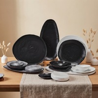 Service de vaisselle en céramique et porcelaine ST Premium, noir obsidienne, avec glaçure réactive au four, comprenant assiettes, plats creux et bols, pour l'hôtellerie