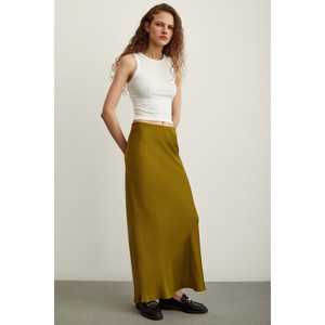 Falda Larga <span class=keywords><strong>Mango</strong></span> con Corte Diagonal, Color Oliva, 100% Seda Satén, Brillante, Largo Completo, para Mujer - Product Image 4