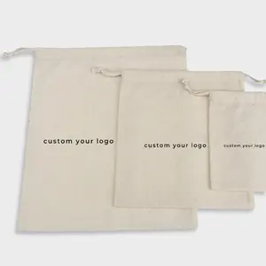 Custom Logo Print Organic Cotton Muslin Bags Double Shopping Pouch Canvas Drawstring bag dust bag for handbag shoe