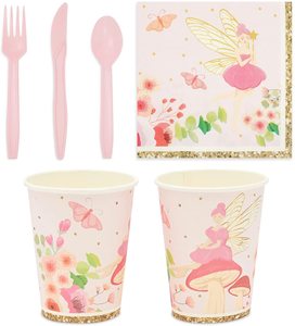 Décoration de fête d'anniversaire féérique rose, ensemble de vaisselle de fête féérique mignonne, assiettes en papier - Product Image 5