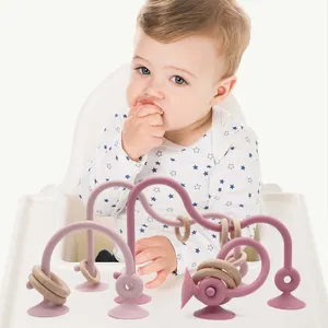 Fabriek 6 12 18 Maanden Houten Ring Zuignap Siliconen Tandjes Speelgoed Peuter Baby Hoge Stoel Educatief Montessori Speelgoed