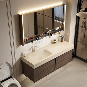 Mid ancient style rock slab hot bending integrated basin intelligent lighting mirror walnut <b>wall</b> <b>mounted</b> bathroom <b>cabinet</b> - Product Image 6
