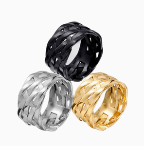 Bague pour homme en acier inoxydable vintage, ajourée, tressée, 12 mm de large - Product Image 1