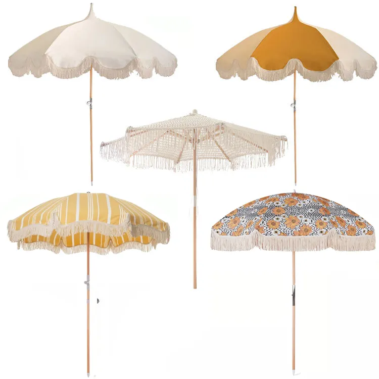 Vente en gros de parasol personnalisé en bois recyclé vintage avec pompons en coton, parasol de pique-nique à franges pour l'extérieur, charnière en métal