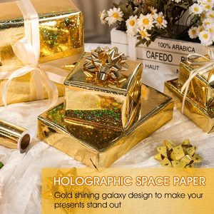 Yarcony Gold Wrapping Paper Roll 17 Inch X 33 Feet Holographic Star Pattern Double Side Metallized Paper For Holiday Gift <b>Wrap</b> - Product Image 2