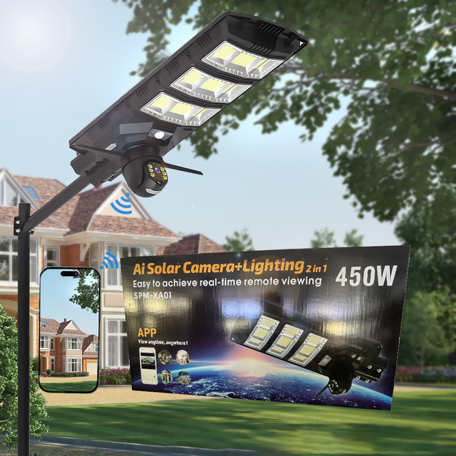 Solar Street Light with Camera PIR Motion Sensor 450W IP65 WiFi 4G All in One CCTV Camera Monitoring Solar LED Street Lighting