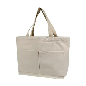 Natural Recycled Extra Large 100% Canvas Tote Outside Pockets Shopping Bag Custom Canvas Tote Bag