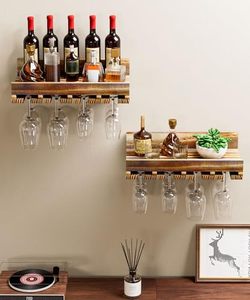 Ensemble de supports à vin muraux, 2 supports à vin <span class=keywords><strong>en</strong></span> bois de pin avec porte-verres, étagères flottantes de <span class=keywords><strong>bar</strong></span> rustiques de style ferme - Product Image 2