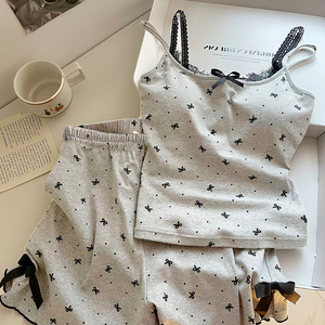 <span class=keywords><strong>Pijama</strong></span> de encaje con almohadilla en el pecho Traje de eslinga dulce de verano para mujer Ropa exterior de algodón - Product Image 4