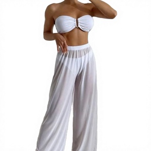 Women's Transparent Beach Long Pants Wide Leg <b>Bikini</b> Style Streetwear Trousers Paisley Mesh Fabric Wrap 2 <b>Set</b> Spring Season - Product Image 2