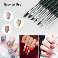 Nouvel ensemble professionnel de 7 pinceaux à ongles en acrylique vert foncé scintillant avec manche en forme de bambou anti-chute pour la peinture au gel UV