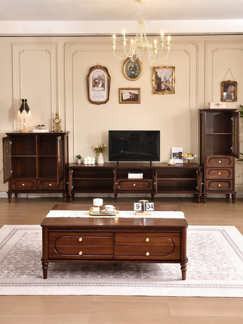 Vintage American Solid Wood Living Room Furniture 3-Pieces Unit, TV Stand with Fluted Glass Doors & Drawer Storage