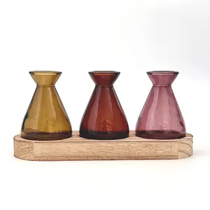 custom coloured decorative recycled mini clear glass vases for flowers with wood base set of 3