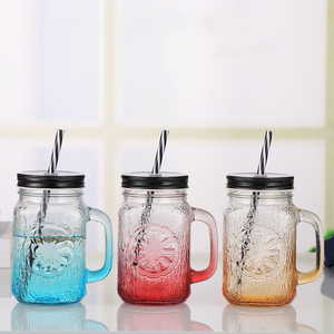 16Oz Juice Mason <span class=keywords><strong>Cup</strong></span> Nhiều Màu Xử Lý Mô Hình Dập Nổi Có Nắp Rơm Chai Uống Ly Bia Cốc Cà Phê Gia Đình - Product Image 4