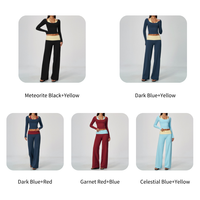 Ensemble de yoga pour femme en tissu brossé color-block, avec t-shirt rembourré à manches longues et pantalon large à taille repliable et effet push-up, tenue de fitness