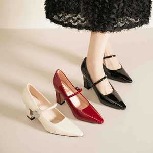 Zapatos de Tacón Alto Mary Jane para Mujer, Punta Puntiaguda, Charol Rojo, Tendencia de Moda, Color Sólido, Correa Única, Pedrería - Product Image 3
