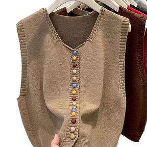 Personalized Rainbow Button Knit Crew Neck <b>Vest</b> <b>Women</b> Spring Autumn Loose Fashionable Layered Sweater Gilet <b>Top</b> - Product Image 1
