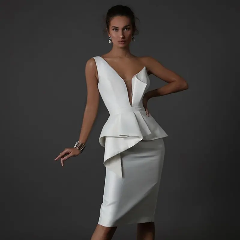 High Quality Fashion One shoulder V-neck Corset Pleated Fakes Two-piece Dress Bandage Mesh Women's Clothing Evening Dresses