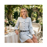 Ensemble tailleur femme 2 pièces en tweed avec veste courte à un bouton et strass, et mini-jupe ceinturée, pour le bureau ou les affaires, blazer à manches longues