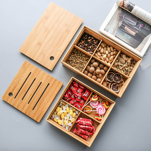 Caja de almacenamiento compartimentada de bambú con tapa para refrigerios, frutas secas, nueces, dulces, estilo rectangular simple - Product Image 1