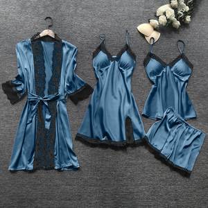 Moda seksi <span class=keywords><strong>Nighty</strong></span> 4 adet setleri pijama toptan saten şort kıyafeti kadın dantel iç çamaşırı saten pijama - Product Image 3