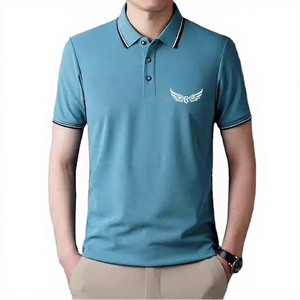 Camisa de Manga Corta Azul para Hombre, con Logotipo Bordado, Formal, de Punto, Poliéster/Algodón, Secado Rápido, Transpirable, Corte Regular - Product Image 1