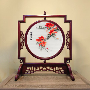 Paravent de table en bois de rose avec broderie de Suzhou, design traditionnel chinois circulaire, décoration de salon - Product Image 3