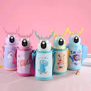 Custom Logo 500ml Baby Pink Reindeer Smart Temperature Display Thermal Hot Water Bottle with Straw and Sleeve Carrier Bag