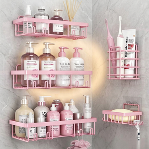Étagère d'angle murale moderne rose pour salle de bain, support de rangement 3 niveaux, organisateur peu encombrant pour douche, savon, bouteille, brosse à dents - Product Image 3