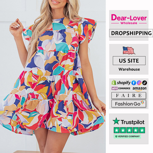 15% ra khỏi người yêu mới hợp thời trang phụ nữ trừu tượng in xù rung tay áo tầng mini Ăn mặc - Product Image 1