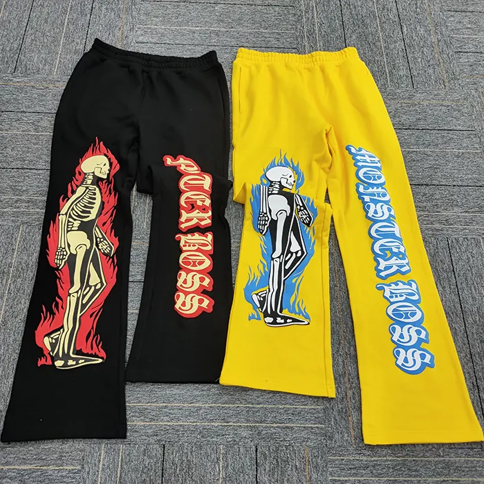 huili oem custom fashion street style graphic printed flare sweatpants men skeleton puff print joggers flare sweatpants