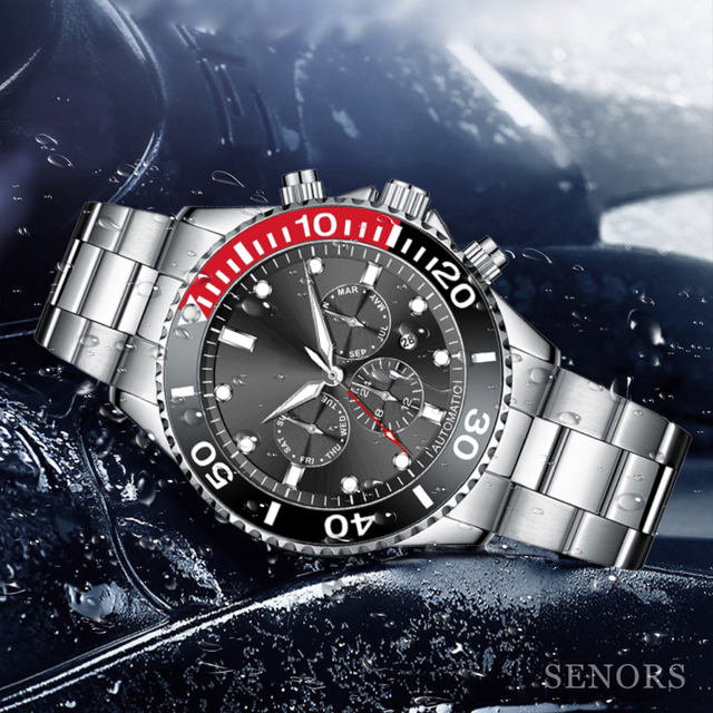 Fashion Man Movement Chronograph Stainless Steel Gear Dial Luminous Watch Mechanical Water Proof