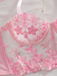 <b>Sexy</b> Mesh Flower Embroidered Bow Strap Bra Women Erotic Underwire Push up Lingerie <b>Set</b> - Product Image 3