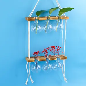 2 Tiered Wall Hanging Plant Terrarium With Wooden Stand Test Tube Flower Vase Stand For Home Garden Office Decor Plant Lover