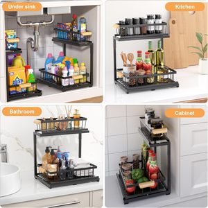 Organisateur de tiroir coulissant en métal à 2 niveaux pour cuisine, salle de bain ou armoire de garde-manger, étagère de <span class=keywords><strong>rangement</strong></span> extractible sous l'évier - Product Image 4