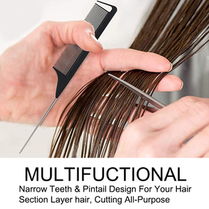 Échantillon gratuit Peigne <span class=keywords><strong>à</strong></span> queue de rat pour salon de coiffure Peigne <span class=keywords><strong>à</strong></span> queue de rat avec logo personnalisé peigne <span class=keywords><strong>à</strong></span> tresser en carbone avec épingle en métal pour séparation - Product Image 6